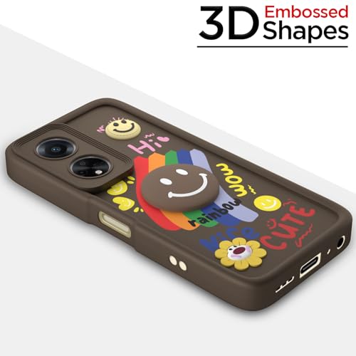 Image of Pikkme Back Cover for Oppo F23 5G | Soft Silicone| Cute Rainbow Smile & 3D Cartoon Flower Design | Shockproof Raised Camera Protection Bumper Case (Brown)