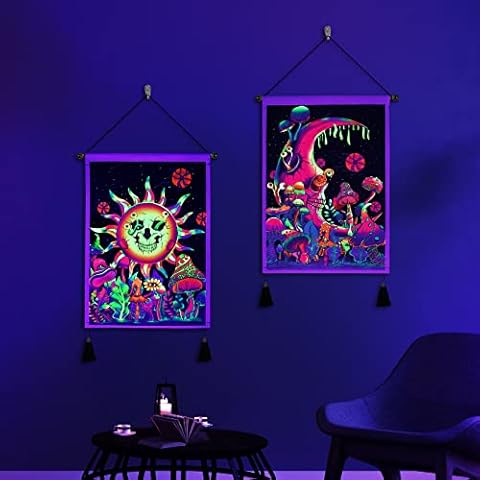 Leofanger Pack of 2 Blacklight Sun and Moon Tapestry UV Reactive Neon Skull Tapestry Colorful Plant Floral Tapestries Vertical Galaxy Space Tapestry Wall Hanging for Home Decor Cover