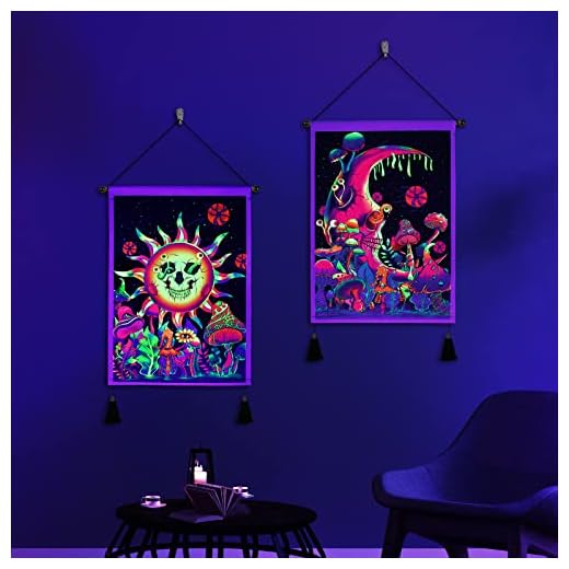 Leofanger Pack of 2 Blacklight Sun and Moon Tapestry UV Reactive Skull Floral Tapestry Trippy Mushroom Tapestries Vertical Galaxy Space Tapestry Wall Hanging for Home Decor