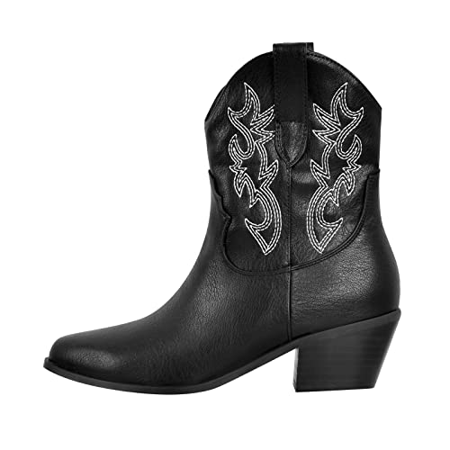 richealnini Women's Cowboy Boots Pull On Stacked Heeled Booties