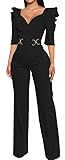 Women's Elegant Black Jumpsuit Sexy V-Neck Puff Sleeves Pant Suits Dressy Wide Leg Evening Party Jumpsuits with Belt,Large