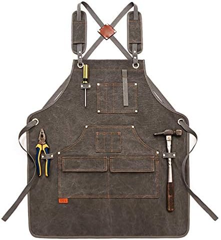 Kani Woodworking Shop Apron, Canvas Work Apron with Pockets for Men Women, Adjustable Cross Back Strap Tool Apron for Woodworker Blacksmiths Gardeners Mechanics BBQ (Grey)