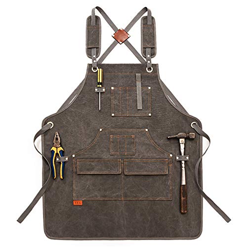 Kani Woodworking Shop Apron, Canvas Work Apron With Pockets For Men Women, Adjustable Cross Back Strap Tool Apron For Woodworker Blacksmiths Gardeners Mechanics Bbq (Grey) #TOP2