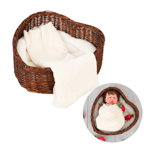 Kate Newborn Photography Props Brown Heart Shaped Rattan Basket Handcrafted Baby Basket Set for Baby Photography Photoshoot with White Pillow and Mat and Stretch Wrap by Kate - Used condition - US$61.27