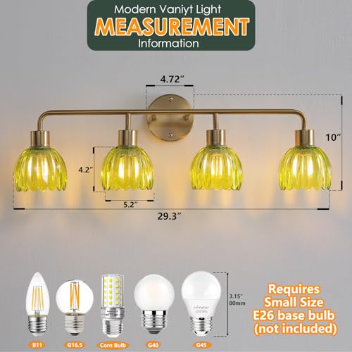 Image of 4-Light Gold Brass Bathroom Light Fixture,Wall Sconces,Brushed Gold Vanlity Light Over Mirror,Bathroom Vanity Light with Green Glass Flower Shade,E26 Socket(Bulbs Not Included)
