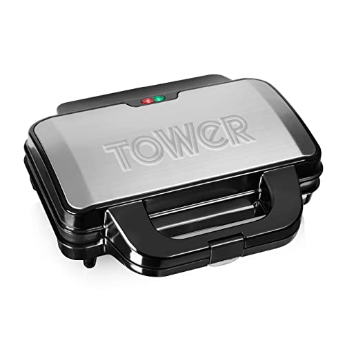 Tower T27013 Deep Fill Sanwich Maker with Extra Deep and Easy to Clean Non-Stick Ceramic Plates, Automatic Temperature Control, 900W, Silver and Black