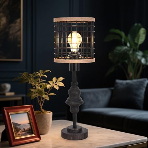 Piodo Black Industrial Metal Mesh Table Lamp, 20" Tall Farmhouse Bedside Lamp with Burlap Trim, 5ft Brown Cord & Rotary Switch, E26 Bakelite Socket for Bedroom Living Room