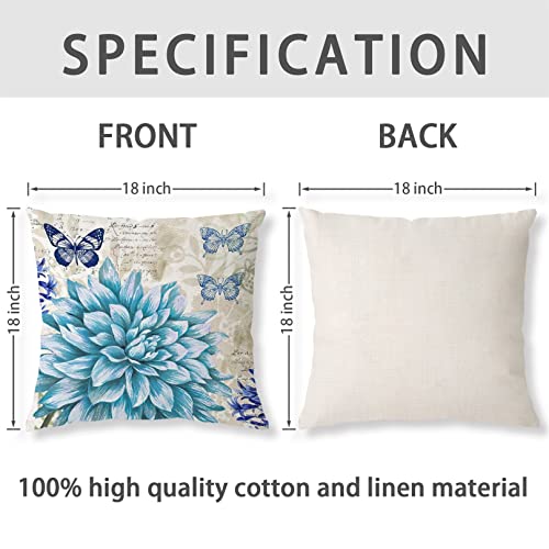 Butterfly Pillow Covers 18X18 Set Of 4, Couch Pillows For Living Room Blue And Teal Floral Farmhouse Outdoor Decorative Square Linen Rustic Cushion Case For Couch Sofa Bedroom Car Home Deco #TOP5