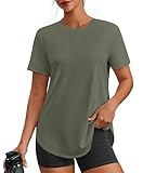 PINSPARK Athletic Tops for Women Short Sleeve Workout Top UPF 50+ Gym Shirts Soft Crew Neck Pilates Outfits Lightweight Hiking Running Tee, Olive Green Large