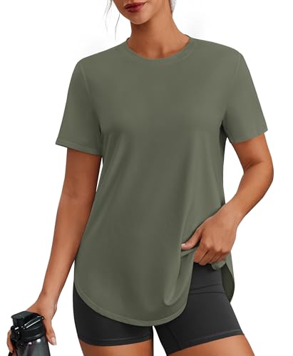 PINSPARK Athletic Tops for Women Short Sleeve Workout Top UPF 50+ Gym Shirts Soft Crew Neck Pilates Outfits Lightweight Hiking Running Tee, Olive Green Large