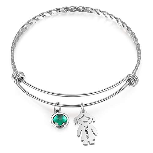 OPALSTOCK Personalized Simulated Birthstones Bracelets for Women Boy and Girl Names Mom Bangle Customized Charm Gift (1 name)