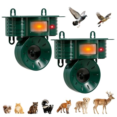 Ultrasonic Bird Deterrents for Outside, Squirrel & Pigeon & Woodpecker Repellent, Solar Powered, IP 65 Waterproof, Motion Sensor, Bird Repellent Devices Outdoor for Patio Farm Yard Orchard, 2 Pack