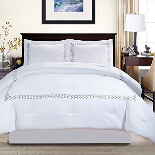 Superior Layla Trellis Embroidered Comforter Set with Pillow Shams, Luxury Hotel Bedding with Soft Microfiber Shell, All Season Down Alternative Fill - Full/Queen, White with Grey