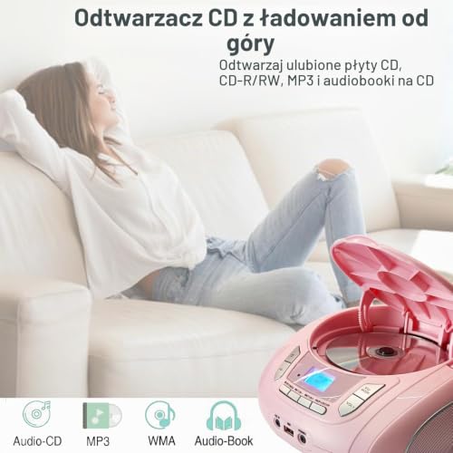 Boombox Przenośny odtwarzacz CD z Bluetooth, radiem FM, odtwarzaniem USB, wejściem AUX, gniazdem słuchawkowym, kompatybilnością z CD-R/RW i MP3 CD (różowy)