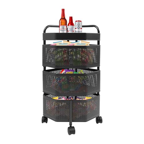 ZeStarDair Rotating Storage Rack for Kitchen 3-Tier Fruit and Vegetable Basket Bowls with Metal Top Lid Vegetables Storage Cart Organizer with Wheels Fruit and Vegetable Metal Wire Shelf (Black)