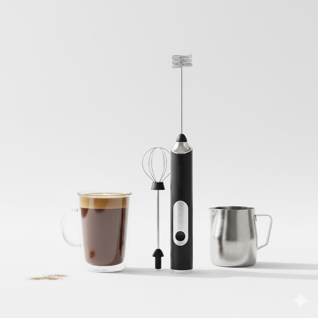 Konquer TimeS Rechargeable Handheld Milk Frother 3 Speed Electric Coffee Frother with Dual Whisks, Stand-Up Design for Lattes, Cappuccinos, Cream, and Buttermilk, Rechargable 1200 mAh Batterie