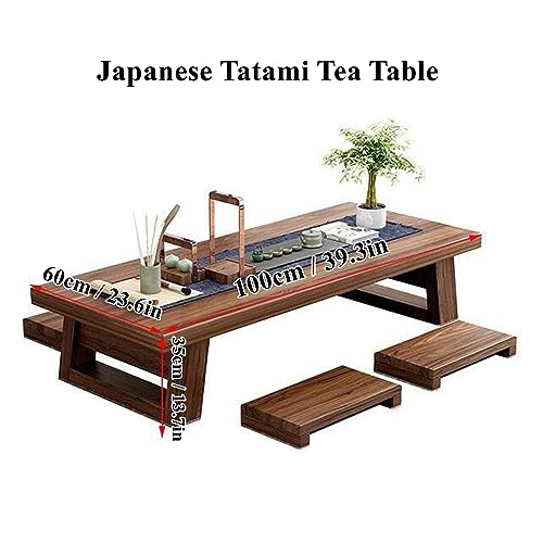 Image of Japanese Floor Table w / 4 Stools, Wooden Coffee Tatami Tea Low Table for Sitting on The Floor, Vintage Kotatsu Dining Table, Brown, 100x60x35cm