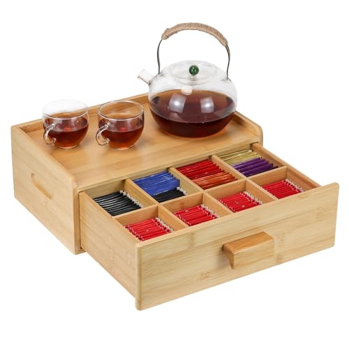 MOCAS Bamboo Tea Bag Organizer, Slide Drawer Storage Box with 8 Compartments, Eco-Friendly Countertop Holder Display for Teabags, Tea Station Chest, Organizador De Te