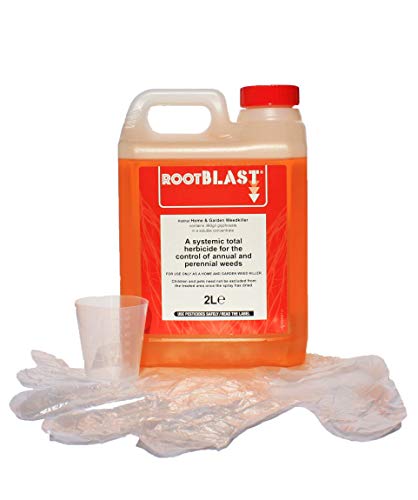 Rootblast Home & Garden Glyphosate Weedkiller | Commercial Strength Weed Killer | Treats up to 3332 sq.m | 2 x 1 Litre Bottle + Complimentary Measuring Cup & Gloves, White