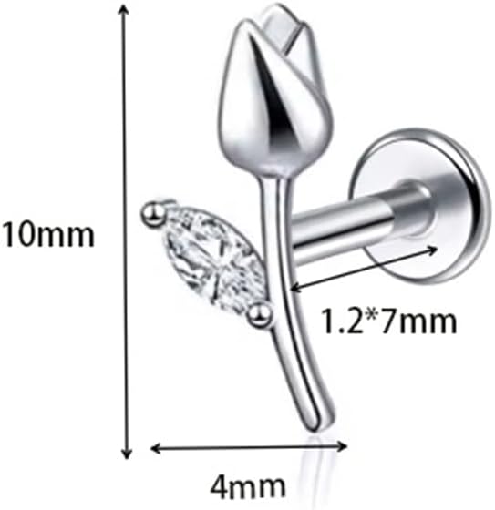 Silver Tulip Stud Earrings for Women 16G Small CZ Rhinestone Flower Flat Back Earrings Studs Conch Helix Cartilage Piercing Jewelry Dainty Ear Jewelry - Image 6