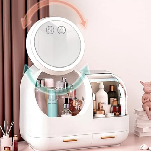 Miniatura 7 de HURRISE Estuche de maquillaje con ventilador de espejo, organizador de maquillaje portátil con espejo y luz LED, vitrina de almacenamiento de
