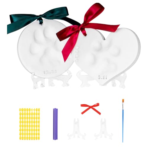 FIDWALL 2er-Pack Haustierpfotenabdruck-Set,Gedenkornamente FüR Hunde Und Katzen,FüR Neue Welpen Und KäTzchen,Keine Tinte Katze Hundepfotenabdruck-Set Als Andenken,Mit Halter Und Namensstempel.