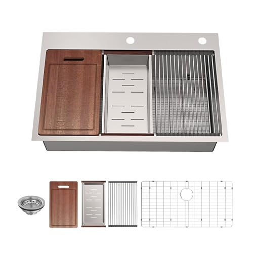 Image of 33-inch Undermount /Drop-in Kitchen Sink - 33''x22'' 18 Gauge Stainless Steel Workstation Sink Handmade Deep Single Bowl with Accessories (Strainer /Grids /Cutting board /Rolling Rack /Colander), Updated
