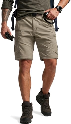 CQR Men's Convertible Cargo Tactical Pants, Water Resistant Outdoor Hiking Pants, Zip Off Lightweight Stretch Work Pants, Runyon Cargo W/Belt Sandstorm, 34W x 32L