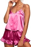 CHYRII Women's Sexy Ruffle Pajamas Sets Satin Silk Cami Shorts Sets Sleepwear Neon Pink S