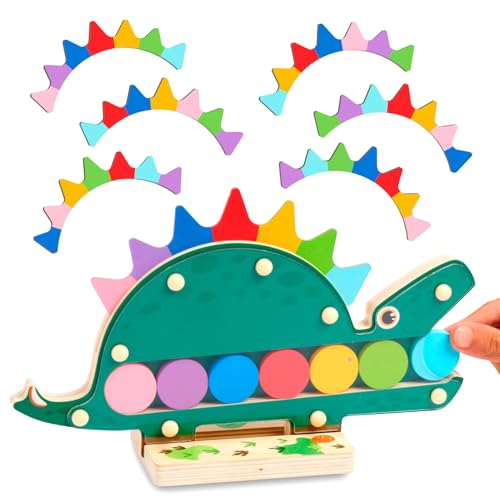Image of Nene Toys Hungry Dino, Montessori Wooden Dinosaur Toy for Toddlers, Color Sorting and Matching Game, Learning Toys for 2 3 Years Old Kids, Preschool Educational Game, Gift for Boys Girls 2+ Years