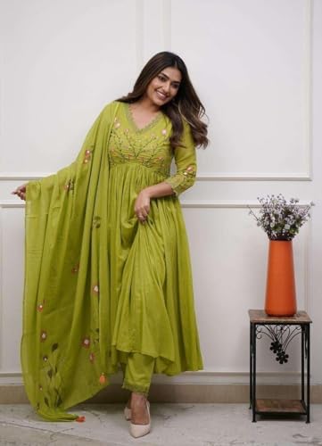 Image of Premium Cotton Embroidered Anarkali Suit Set for Women with Dupatta, Floral Embroidery, 3 Piece Set, Soft and Comfortable