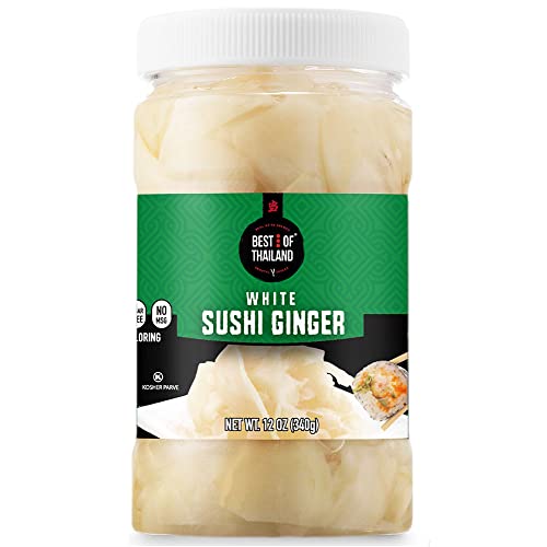 Best of Thailand Japanese White Pickled Sushi Ginger | No MSG | 1 Jar of 12oz Fresh Sliced Young Gari Pickled Ginger in All Natural, Sweet Pickling Brine with Color | Fat-Free, Sugar-Free, Kosher