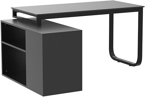 Miniatura 5 de Homsee Escritorio de esquina en forma de L para computadora de oficina en casa con 3 cajones, estantes abiertos de 2 niveles y 1 puerta, mesa de