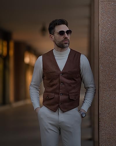 Pj Paul Jones Men'S Western Cowboy Suede Leather Suit Vest Casual V-Neck Waistcoat L thumb #7