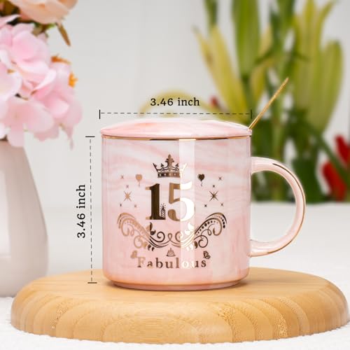 Miniatura 2 de Wxytxhyq Regalos Para Chicas De 15 Años, 400ml Taza De Cerámica Rosa Regalos Jovenes 15 Años, 15 Cumpleaños Regalo Taza Original Con Tapa, Cuchara Y Caja De Regalo Para Amigas, Hija, Hermanas