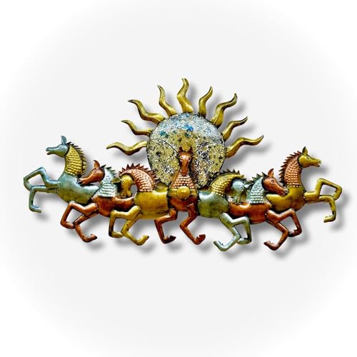 Image of pranjals house Metal Handpainted Rustic Iron Wall Hanging of 7 Horse LED Lights Art Sculpture for Home Office Wall Decor /Wall Hanging (46 x 27 Inches)