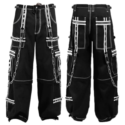 Men's Black & White Gothic Pant with Straps, Unisex Bondage Trouser, Punk Rock Pant with Chains, Goth Cargo Pants for Men