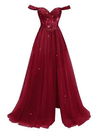 Glitter Tulle Prom Dress Long Ball Gown Lace Formal Evening Gowns with Slit Wine Red US0