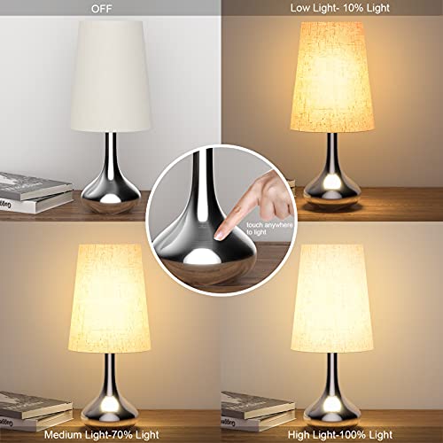 Table Lamps Set Of 2 Bedside Lamp Touch Control Dimmable Brightness Nightstand Lamp Night Light Lamp For Living Room Bedroom Office, Led Bulb Included - Fabric Lampshade E26 Silver Metal Base #TOP1