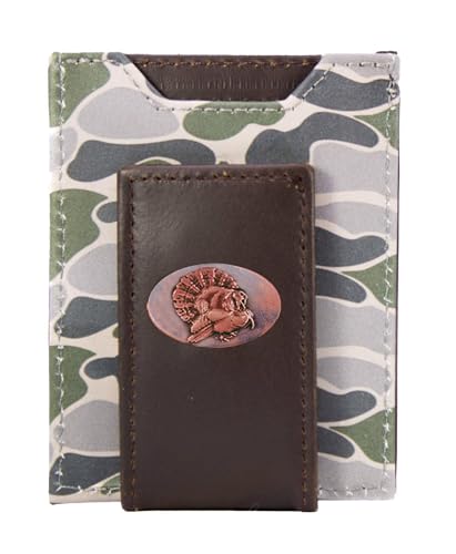 ZEP-PRO Turkey Men's Magnetic Front Pocket Old School Camo Leather Wallet – Slim Design with Card Slots and Money Clip, Green/Gray Camo
