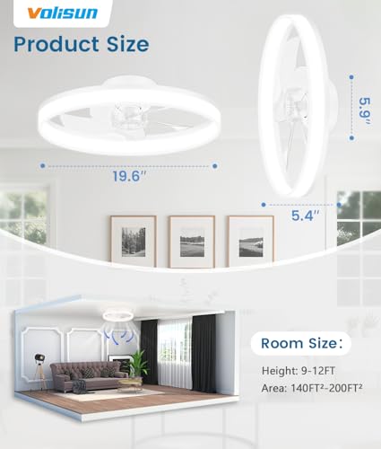Image of VOLISUN Low Profile Ceiling Fans with Lights and Remote, 20in Fandelier Ceiling Fan Flush Mount, 3000K-6500K Smart Bladeless LED Fan Light, White Modern Ceiling Fans with Lights for Bedroom