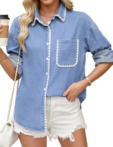 Casual Denim Shirt Women Button Down Blouses Oversized Long Sleeve Jean Shacket 2025
