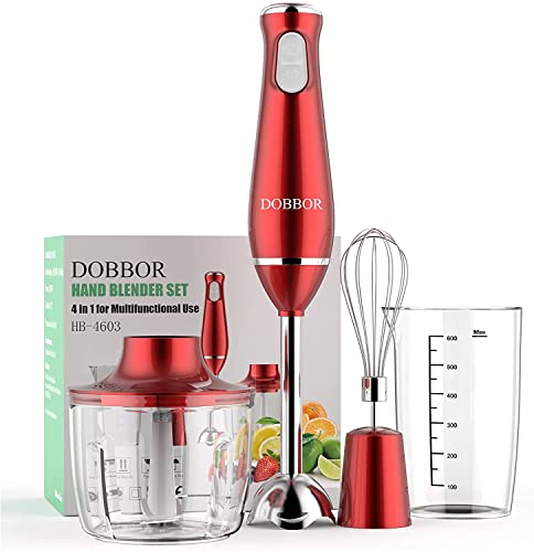 DOBBOR Immersion Blender, 1000W 4 in 1 Hand Blender with Chopper, Whisk, 600ML Mixing Beaker, Electric Stick Blender, Ergonomic handle with Anti Splash & Collision