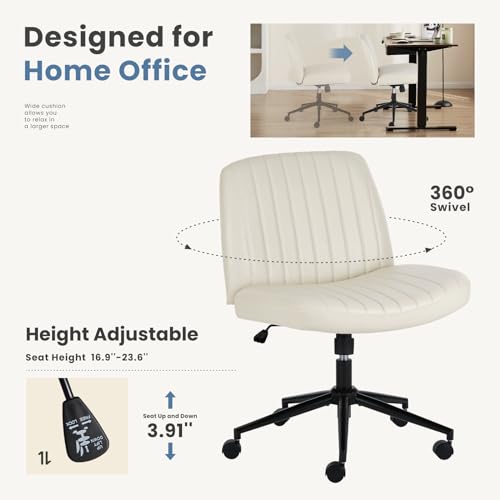 Image of DUMOS Criss Cross Chair with Wheels, Wide Cross Legged Office Desk Vanity Chairs, Faux Leather Armless Adjustable Swivel Chairs for Home Computer Task, Beige