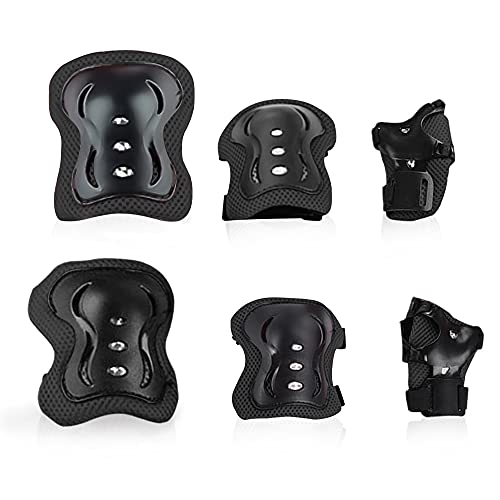 FVSA Knieschoner Set 6 in 1, Protektoren Set für Kinder, Knieschützer Ellbogenschützer Set, verstellbare Handgelenkschoner für Inliner Skateboard, Skaten Fahren und Outdoor Sport (schwarz) Cover