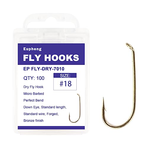 Eupheng Fly Fishing Hooks 100pc Pack Micro Barbed High Carbon Steel Bronze Forged for Dry Flies, Curved Nymphs, Shrimp,Caddis Pupa (#18, EP FLY-DRY-7010)