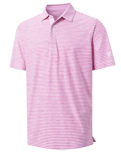 M MAELREG Polo Shirts for Men Short Sleeve Casual Collared Quick Dry Moisture Wicking Striped Mens Golf Polos Rose White