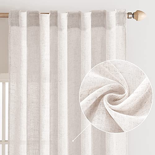 Slozzi Natural Linen Pure White Curtains 108 Inches Long Rod Pocket/Back Tab Semi Sheer Drapes For Living Room Linen Textured Window Draperies Light Filtering Rustic Boho Decor 2 Panels,52X108 Inch #TOP1