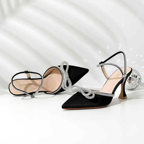Susanny Black Heels for Women Kitten Low Dressy Bow Rhinestone Heels Evening Party Ankle Strap Closed Toe Pumps Office Dress Wedding Heeled Prom Shoes 9 by Susanny - Used condition - Image 8