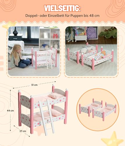 Bayer Chic 2000 Puppenbett Doppelstockbett – Stars Pink – Puppenhochbett mit Leiter & Bettwäsche – Puppen bis 48 cm – Puppenzubehör, Holzpuppenbett